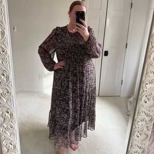 Floral Chiffon Dark Green Midi Dress